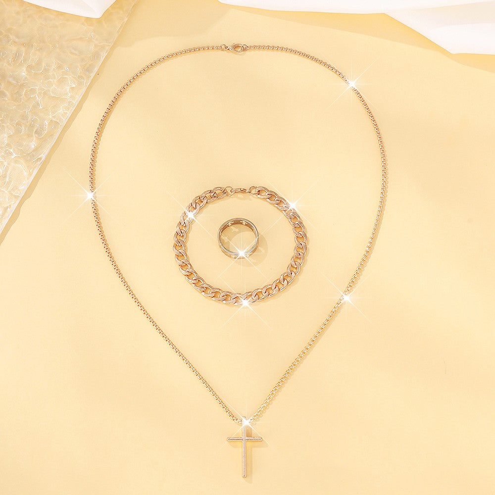 Conjunto de joias de liga de moda masculina de 3 peças – combinação de colar, pu