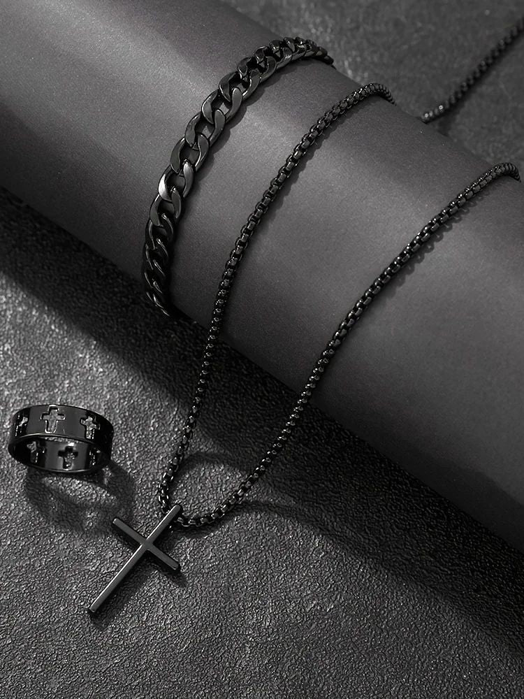 Conjunto de joias de liga de moda masculina de 3 peças – combinação de colar, pu