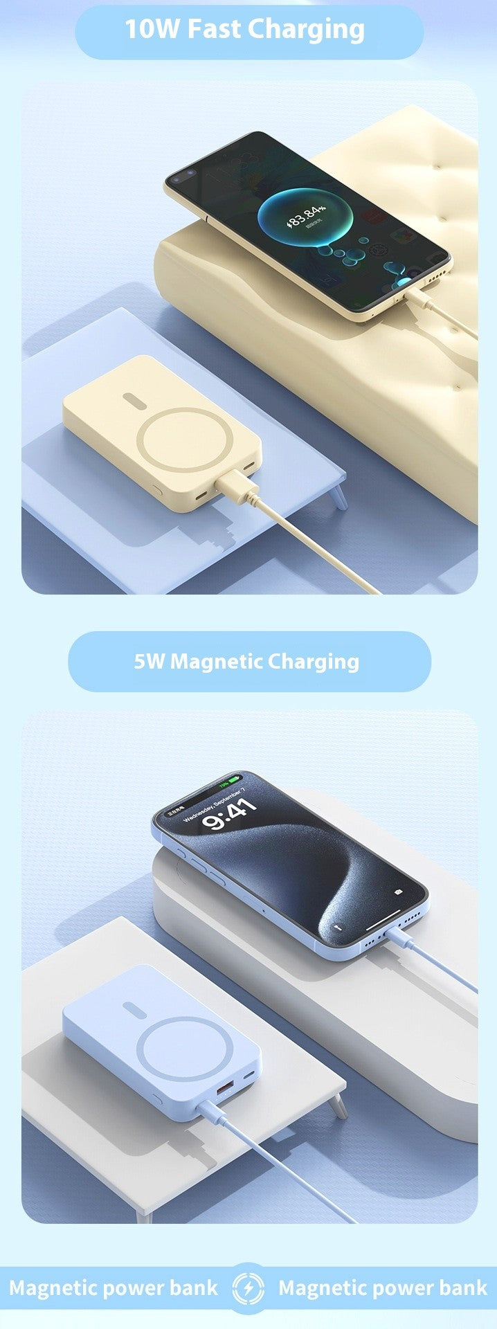 Banco de potência móvel de absorção magnética de carregamento rápido sem fio trê