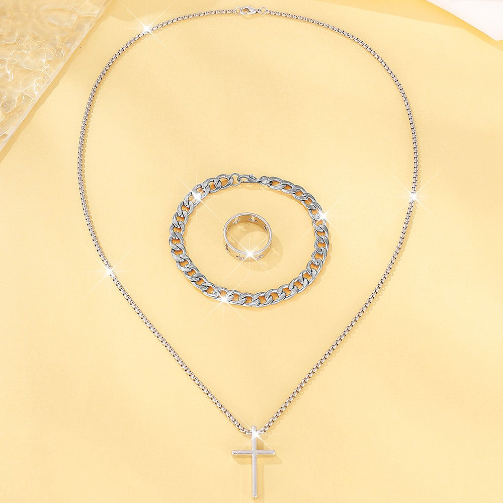 Conjunto de joias de liga de moda masculina de 3 peças – combinação de colar, pu