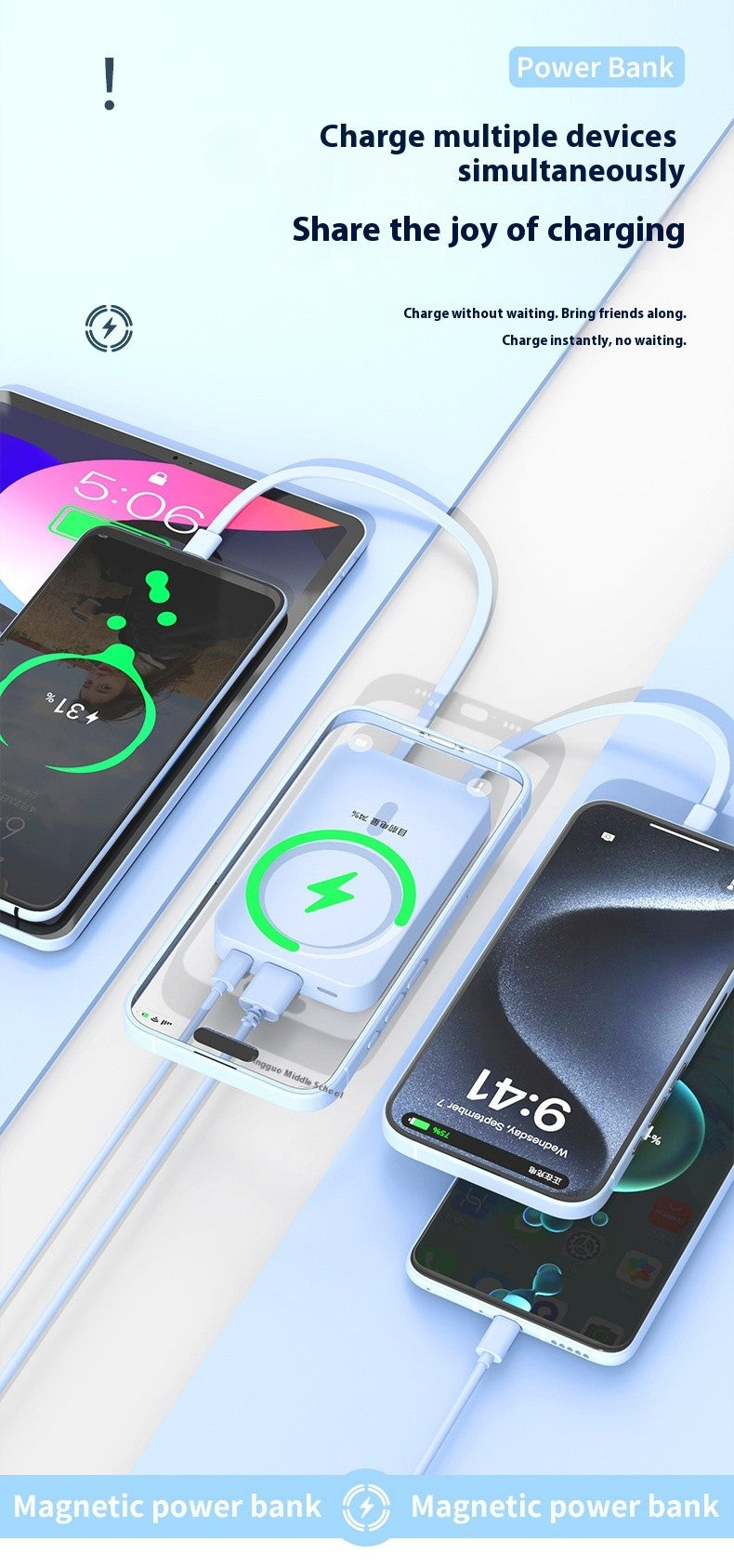 Banco de potência móvel de absorção magnética de carregamento rápido sem fio trê