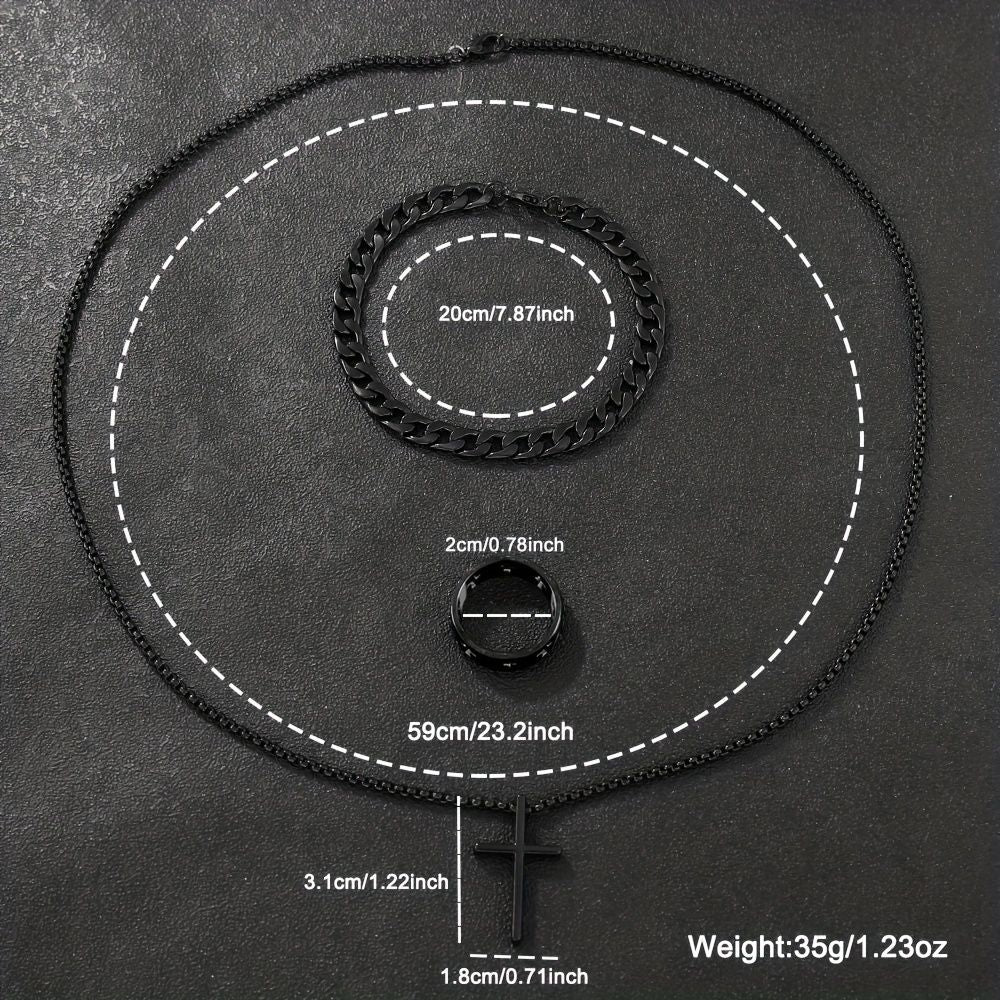 Conjunto de joias de liga de moda masculina de 3 peças – combinação de colar, pu