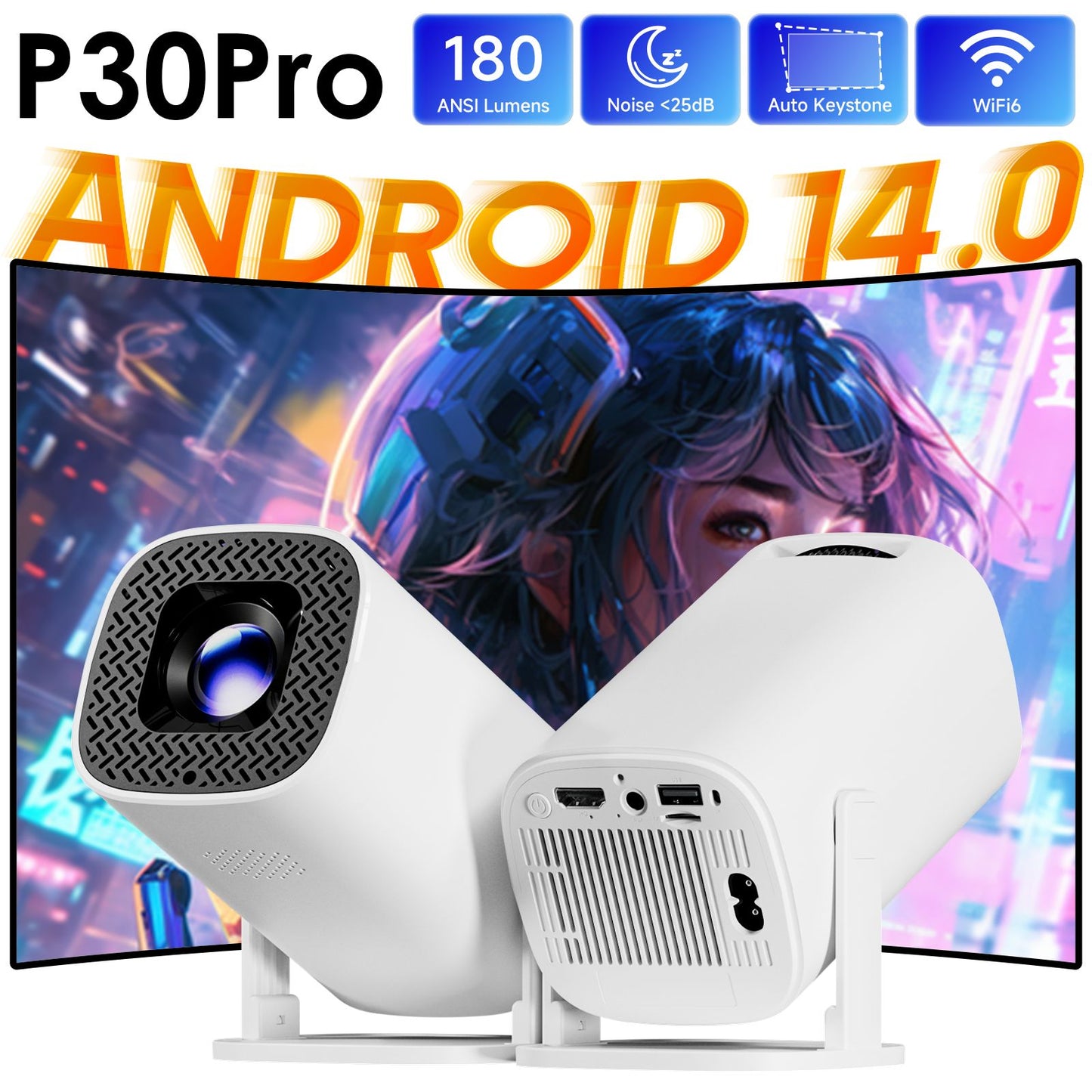 P30PRO Android 14 Mini Projetor Inteligente WiFi6 BT 5.0 Suporte 4K 1280*720P Su